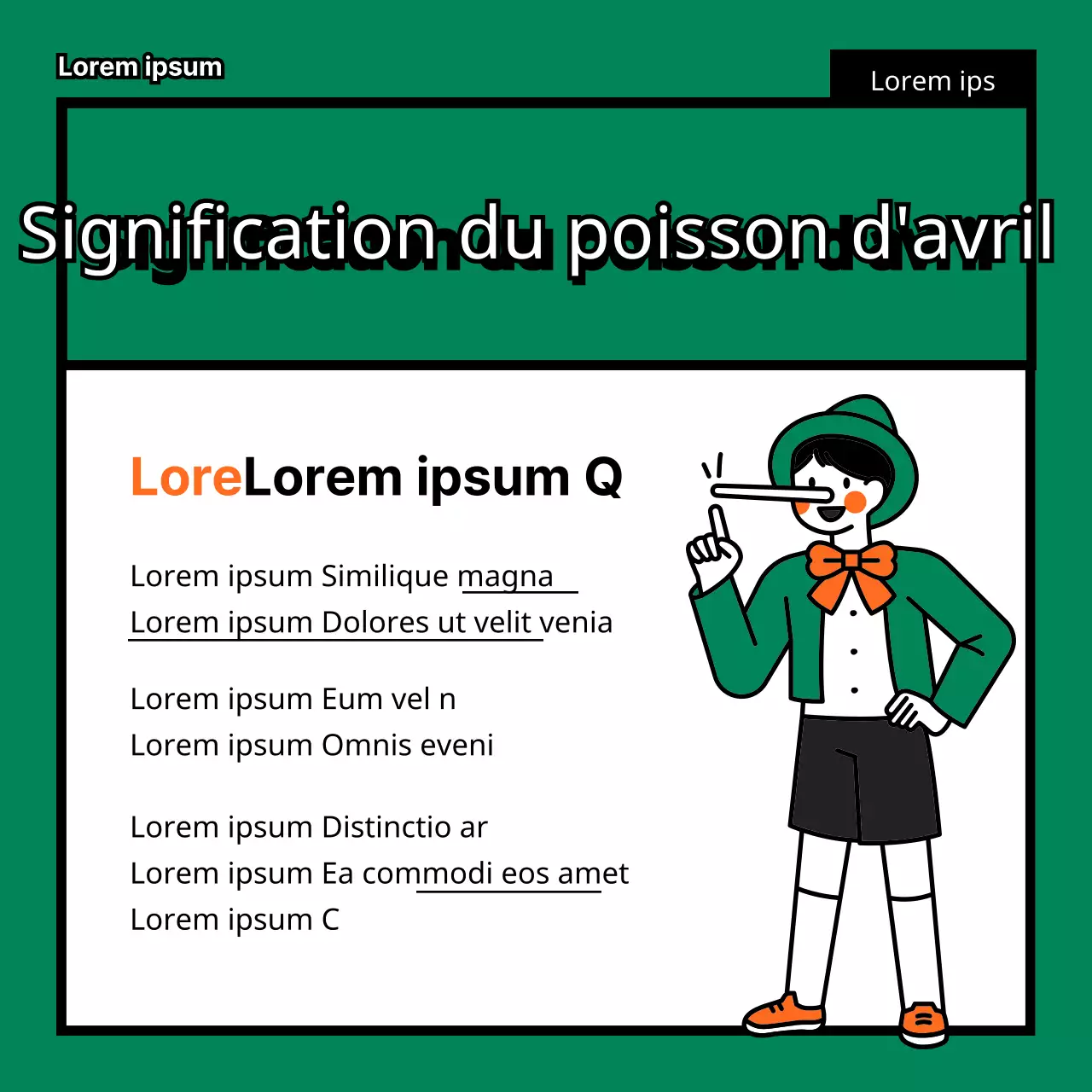 Le poisson d'avril est un mensonge TMI dans une illustration mignonne, amusante, plate et simple de Pinocchio en vert et orange.