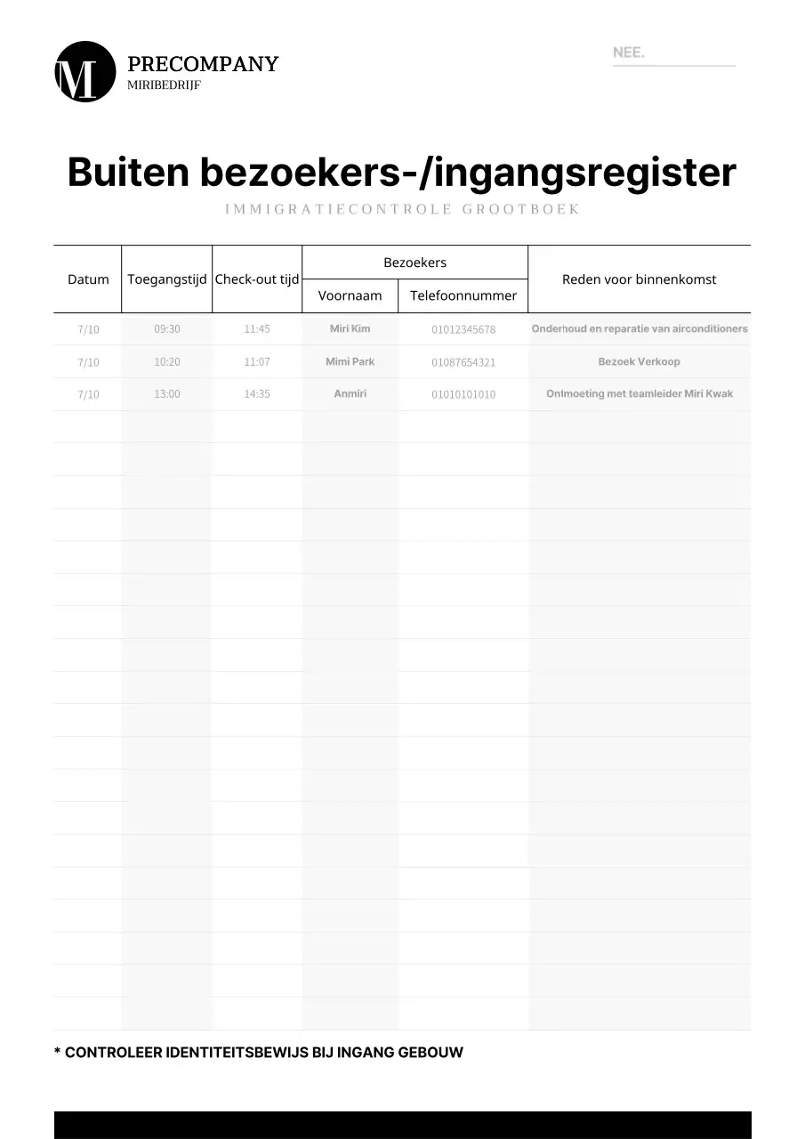 Sjabloon voor document met zwart-grijs register voor toegang/uitgang voor buitenstaanders