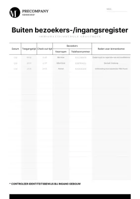 Sjabloon voor document met zwart-grijs register voor toegang/uitgang voor buitenstaanders