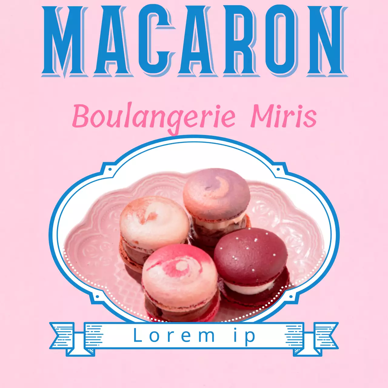 Un café à macarons au titre rose et bleu