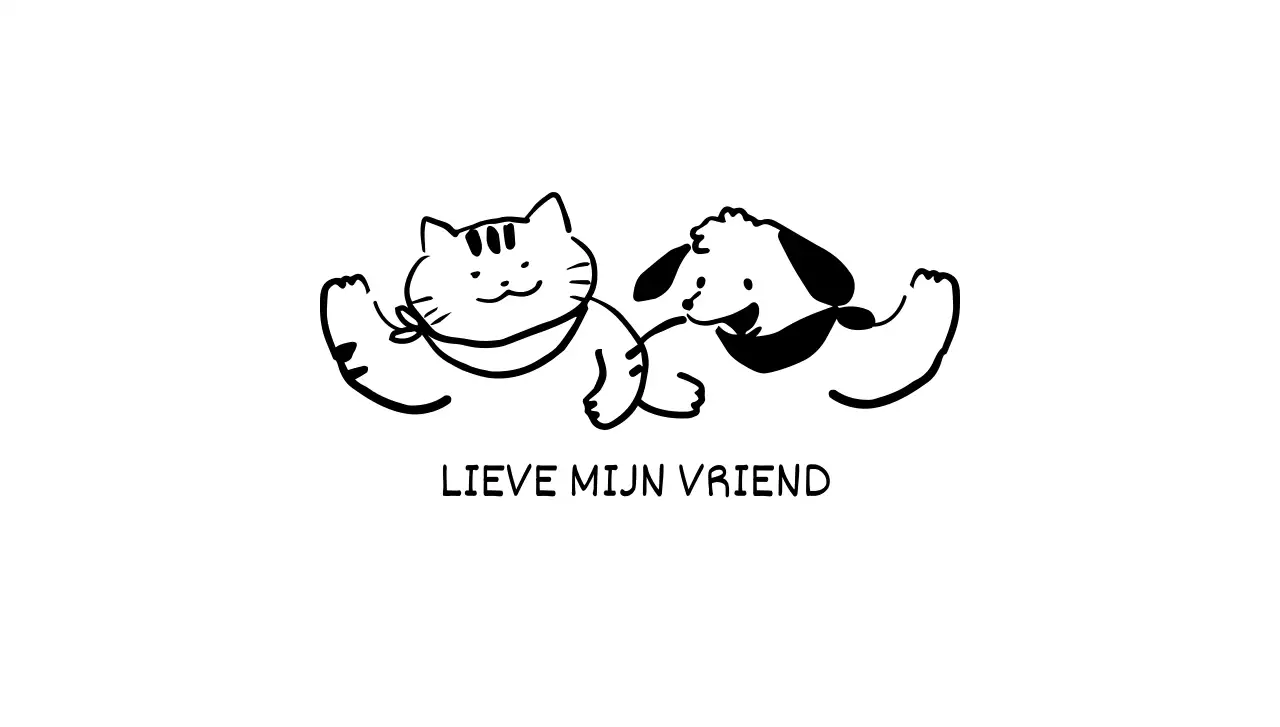 Ontwerp met een lijnillustratie van een schattige kat en hond die hallo zeggen in zwart