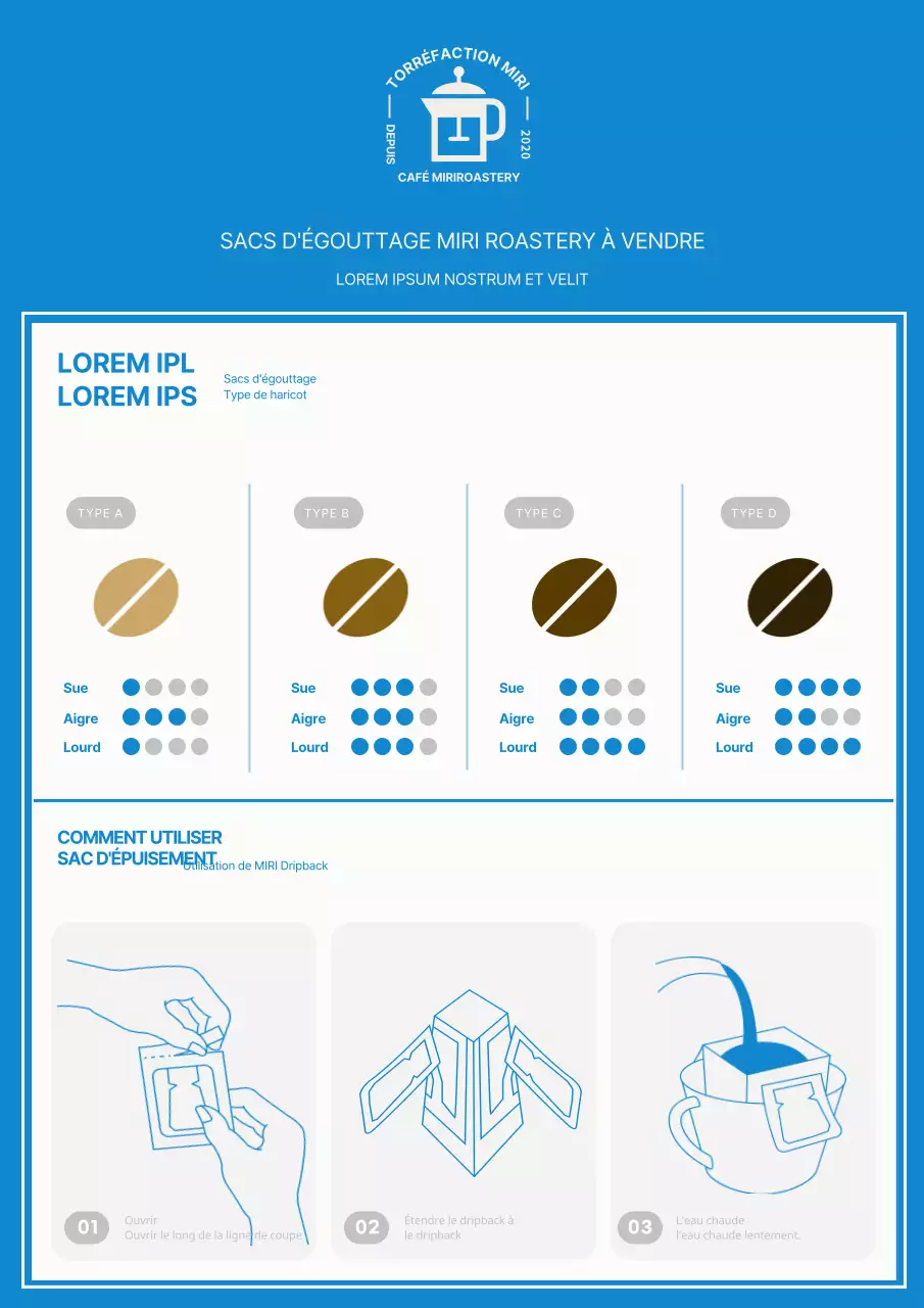 Affiche de vente pour les cafés, sac à goutte simple bleu clair