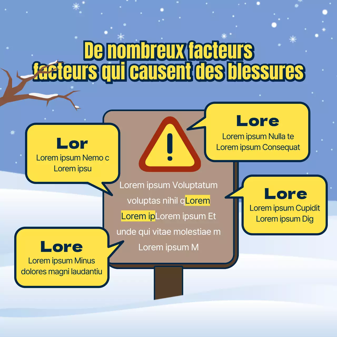 Sécurité en montagne en hiver avec des panneaux de couleur marron et bleu clair