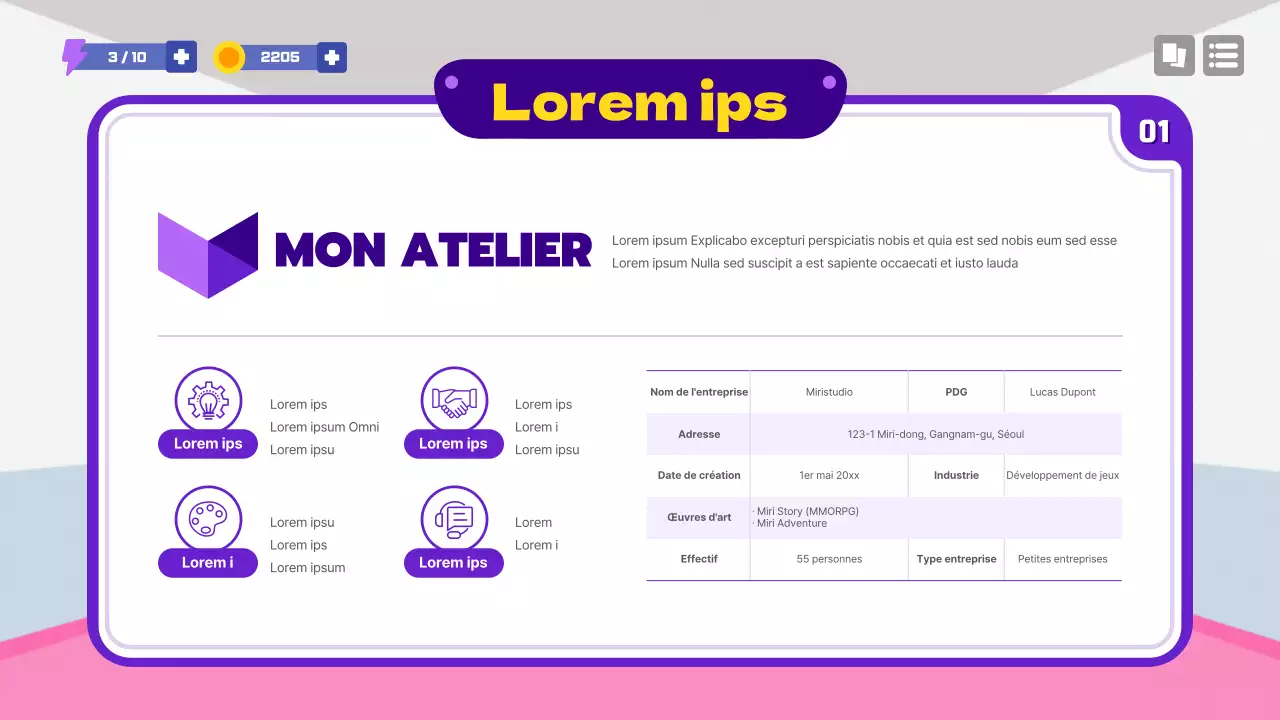 Proposition de concept de jeu scolaire en violet