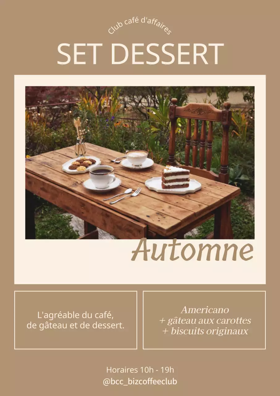 Affiche verticale avec une photo d'un dessert sur fond marron et une zone de texte