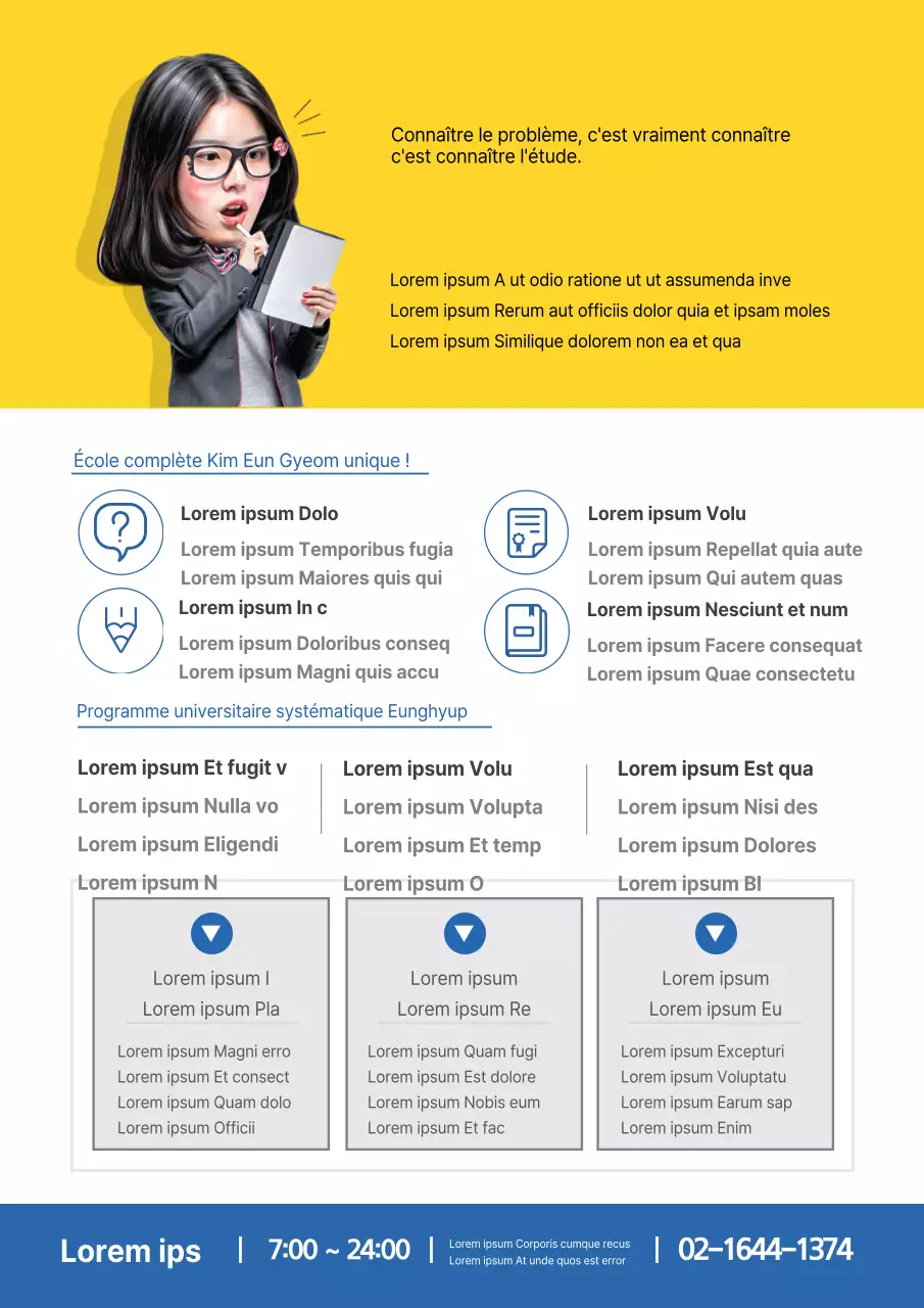 Faites la promotion de votre école avec une photo jaune et bleue d'un élève en train de se présenter.