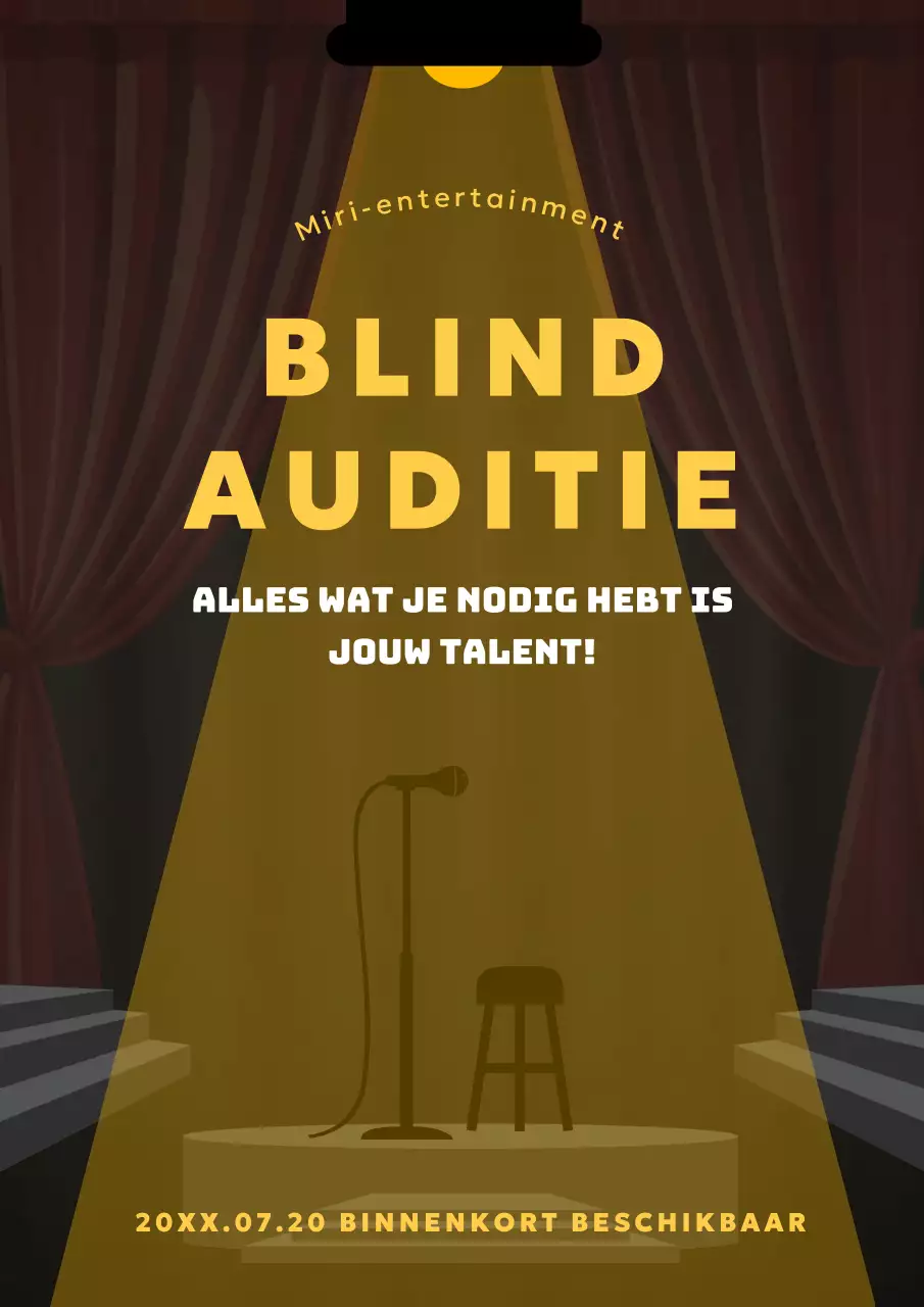 Auditie-aankondiging met gele lichten op podiumachtergrond