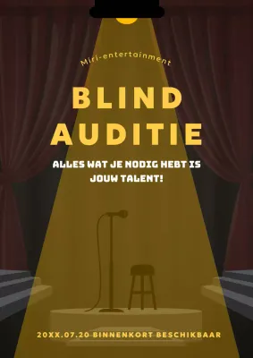 Auditie-aankondiging met gele lichten op podiumachtergrond