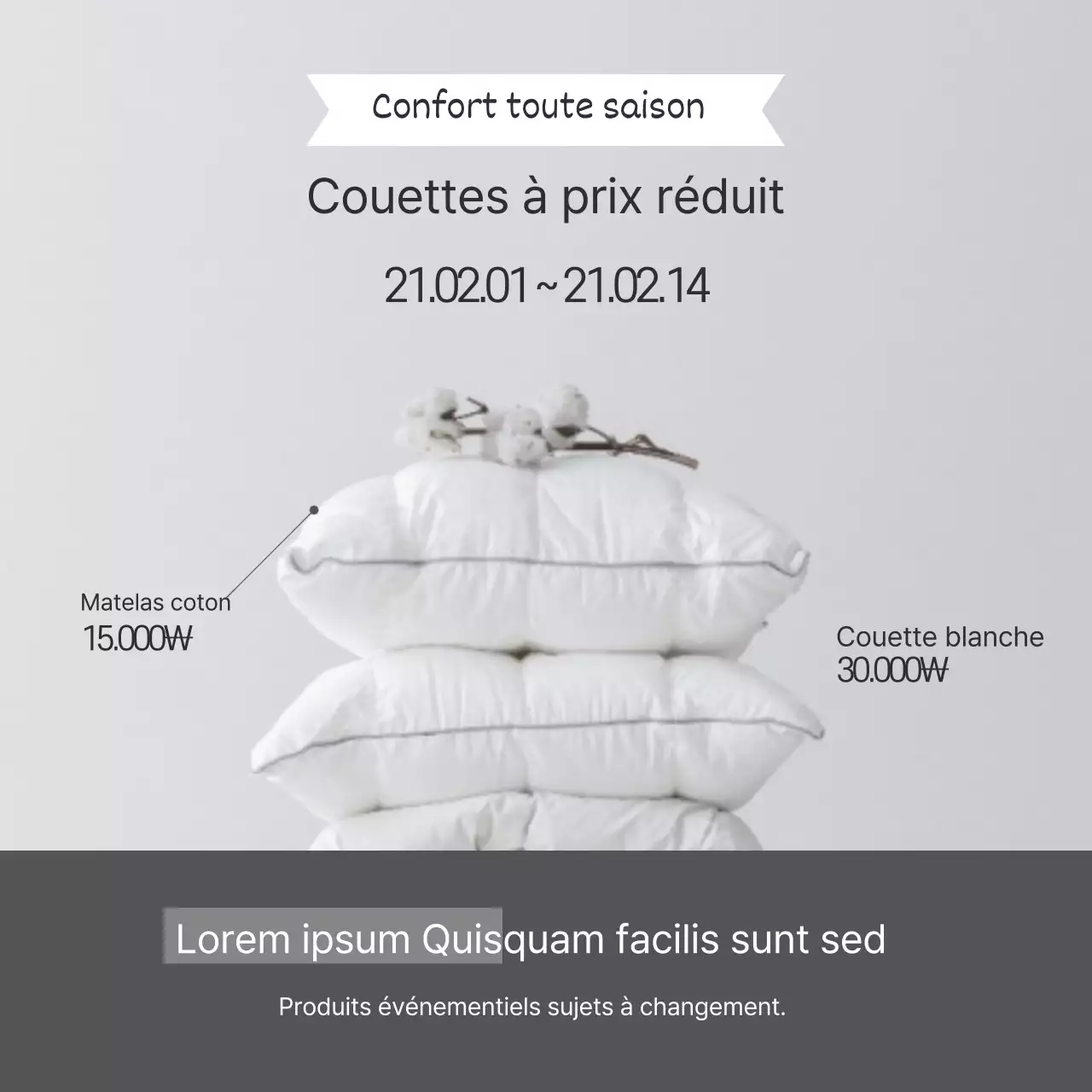 Mettre en valeur une photo grise Couette simple pour promouvoir une vente événementielle