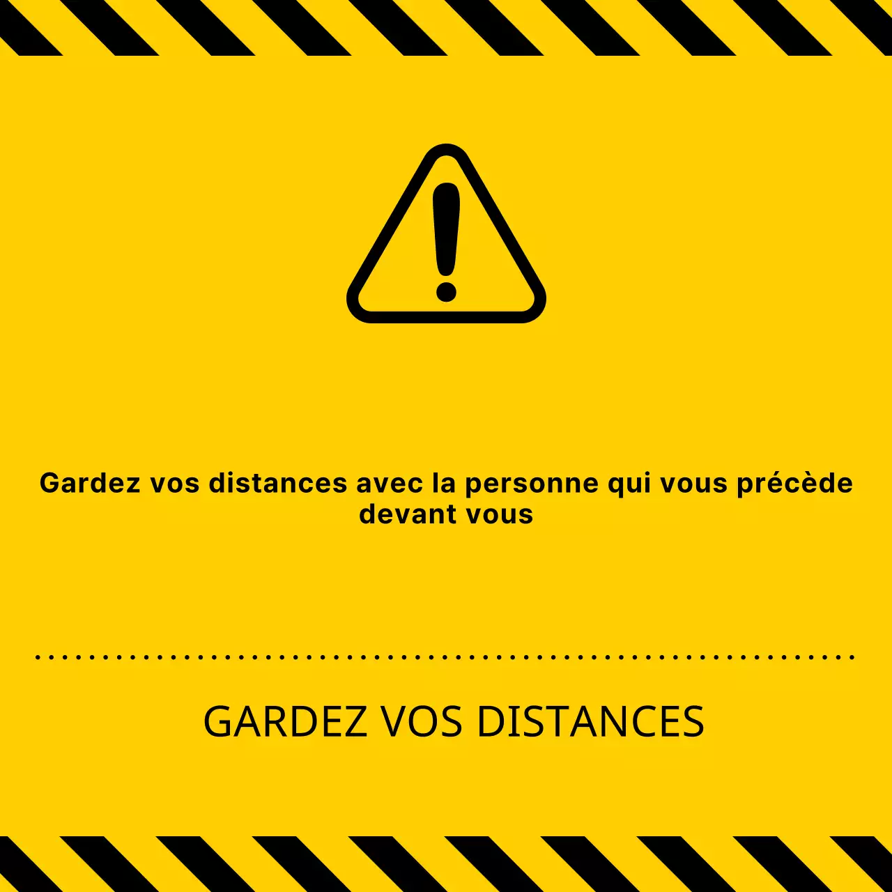 Combinaison simple et propre d'icônes et de textes en jaune et noir Avertissements "Gardez vos distances