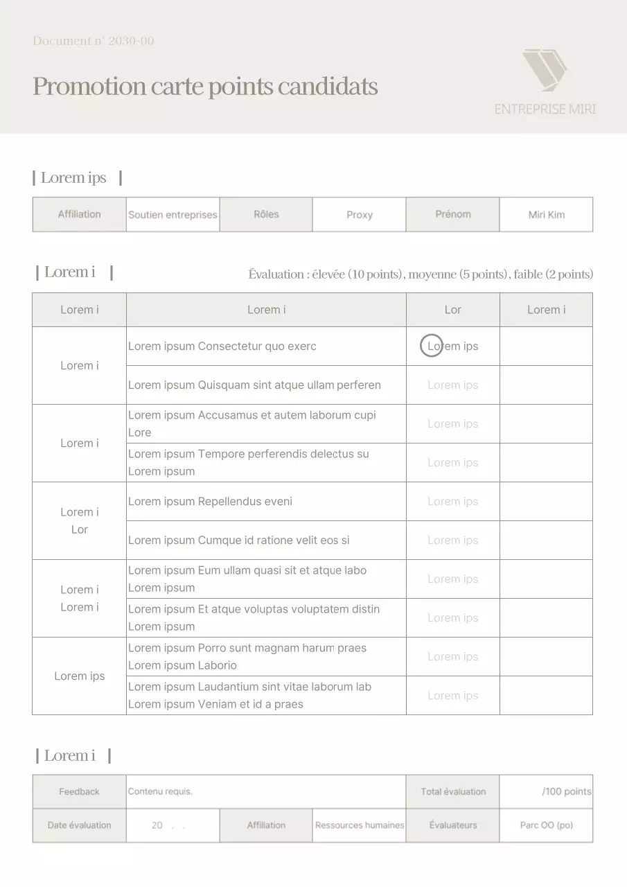 Fiche d'examen des candidats à une promotion beige et propre