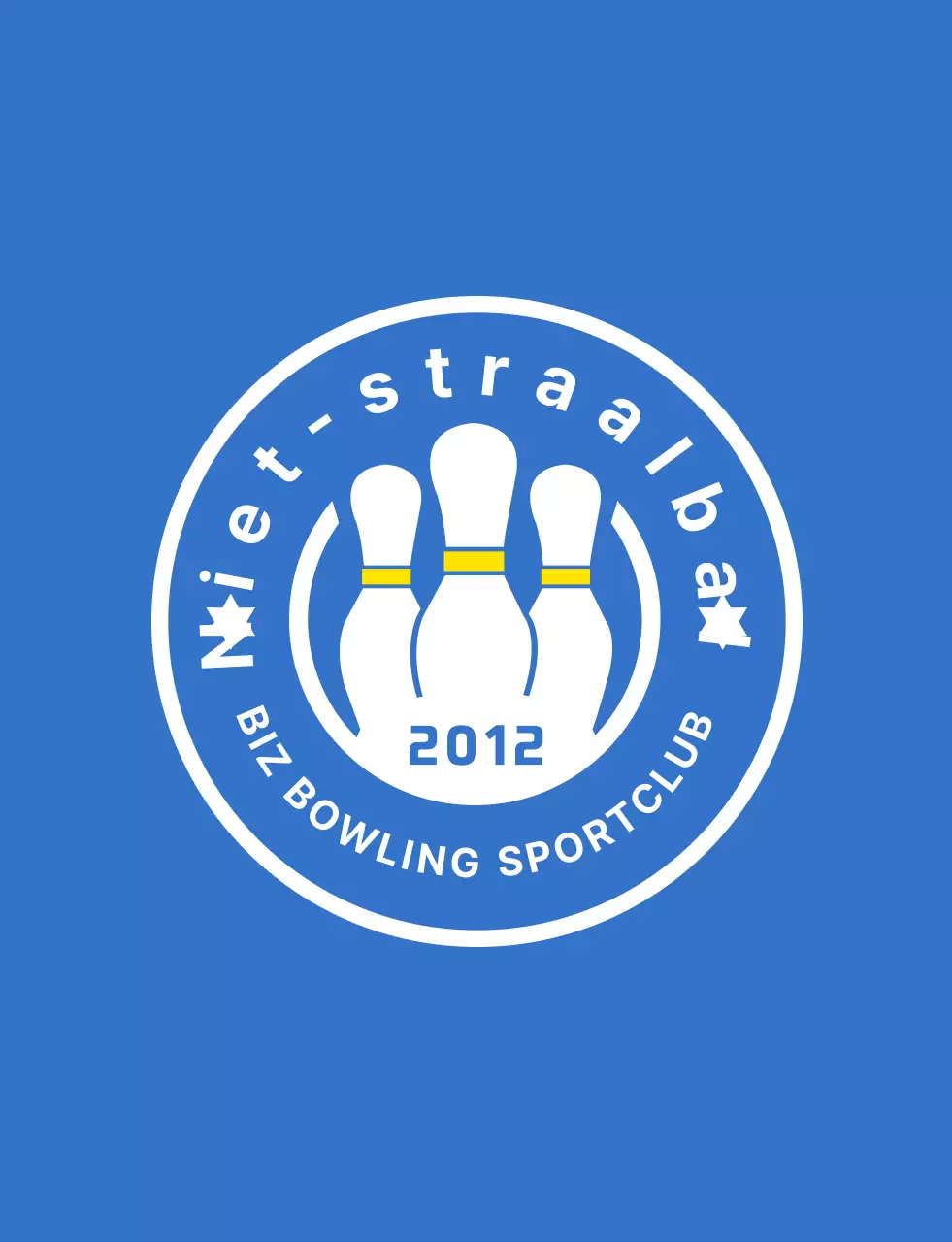 Een strakke bowlingillustratie en embleemlogo in lichtblauw, wit en geel voor een bowling sportclub.