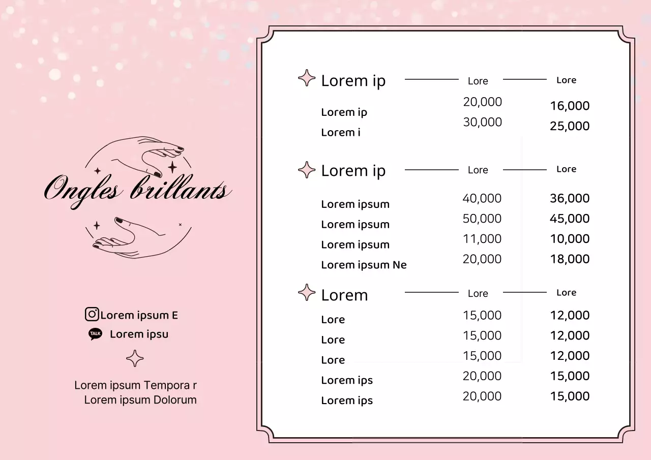 Menu propre d'un salon de manucure avec illustrations roses