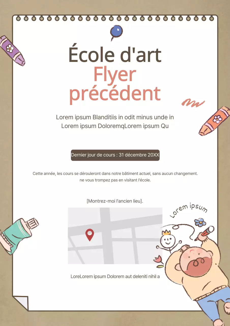 Lettre de réinstallation d'une école d'art avec de jolies illustrations