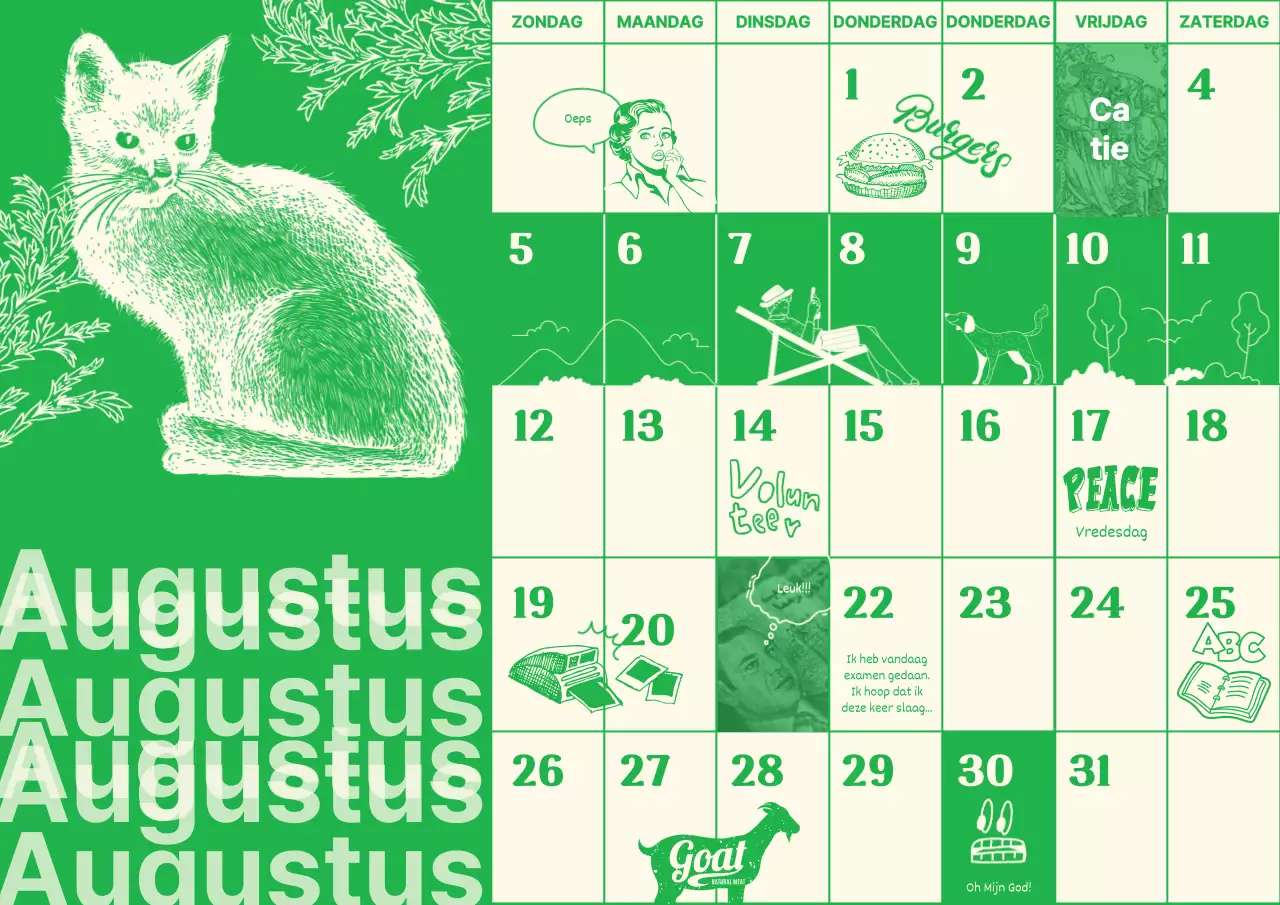 Sentimentele vintage geïllustreerde mijmeringen kalender met groene achtergrond