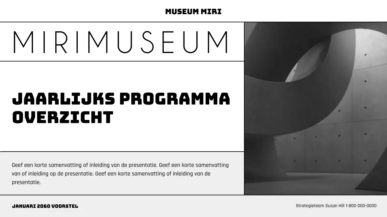 Een modern museumprogramma plannen in zwart en paars