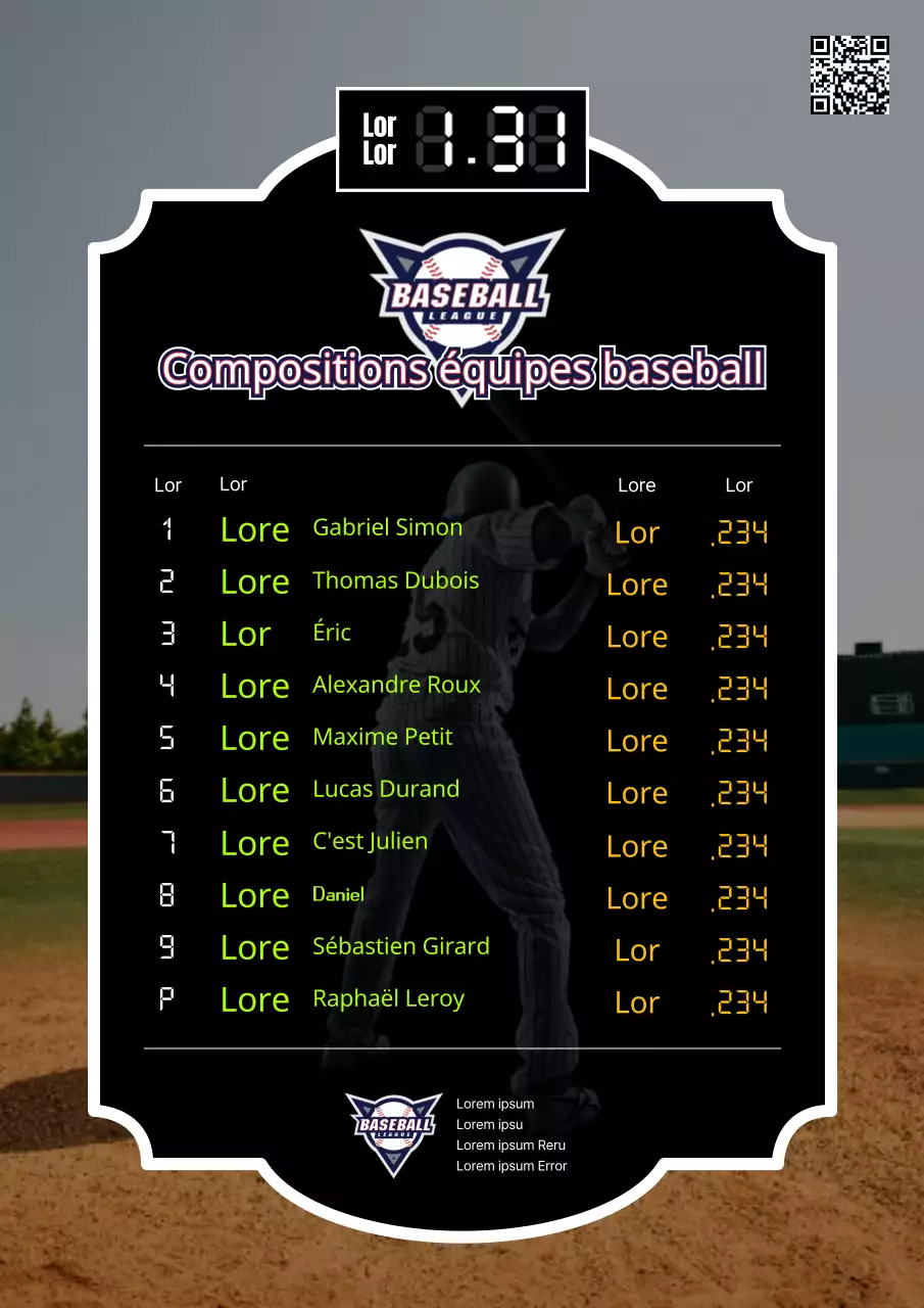 L'équipe de départ de baseball avec un concept de panneau d'affichage vert et jaune