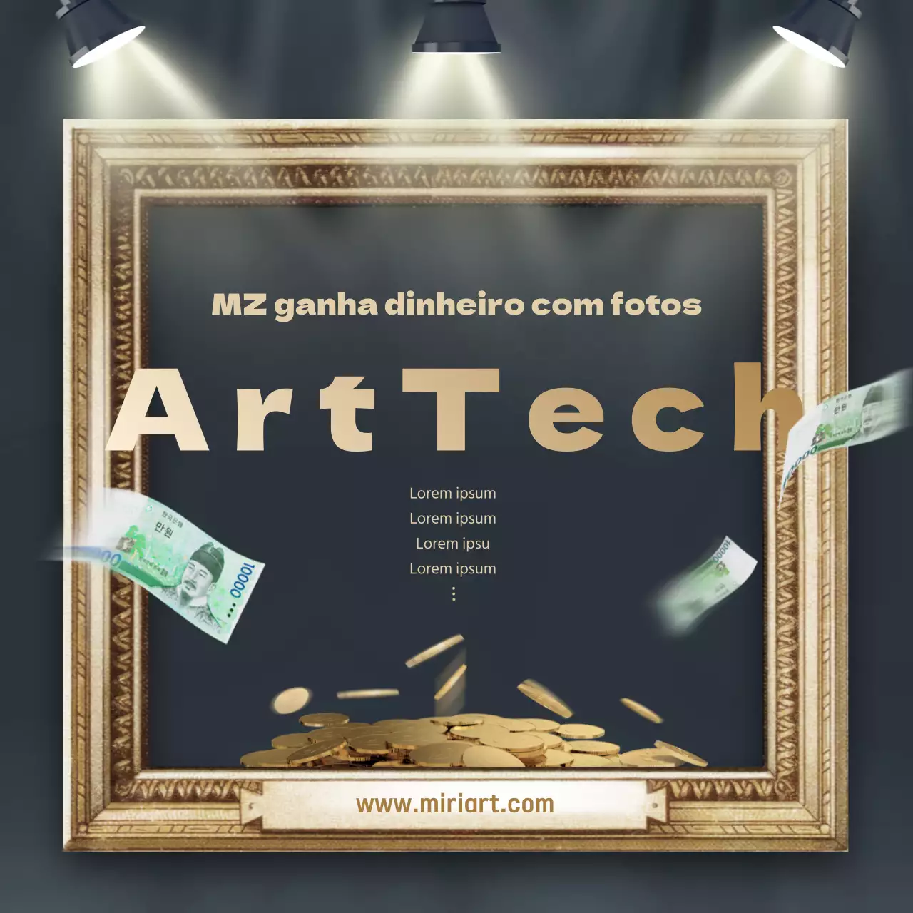 Tema de informação ArtTech com conceito de galeria luxuosa dourada