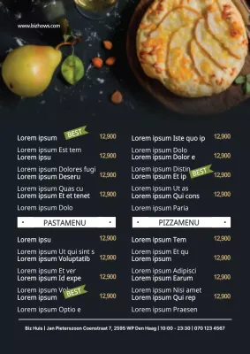 Eenvoudig menubord voor een pastarestaurant met zwarte foto's van gerechten