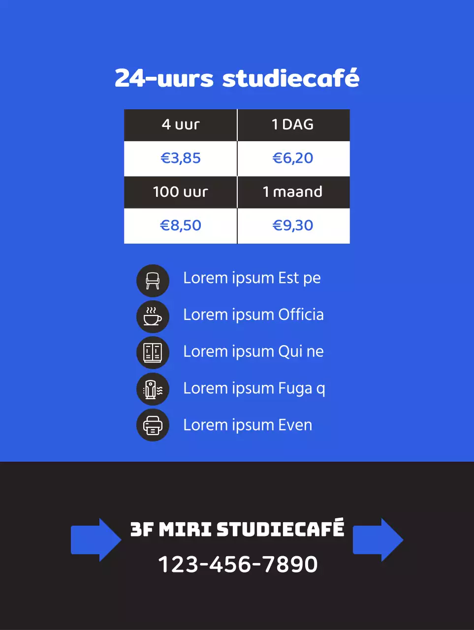 Promoot een schoon studiecafé met een illustratie van een studerende student op een blauwe achtergrond