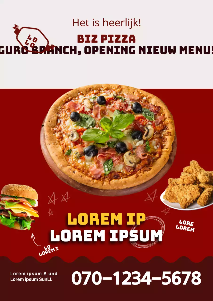 Een eenvoudige roodbruine flyer voor het nieuwe menu van een pizzeria.