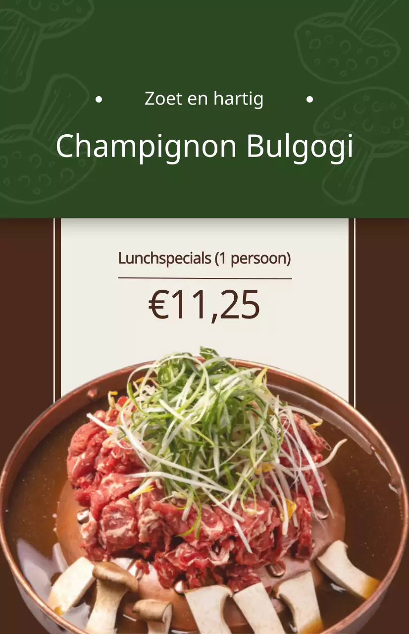 Restaurantpromotie met foto's van Koreaanse menu-items in verschillende kleuren