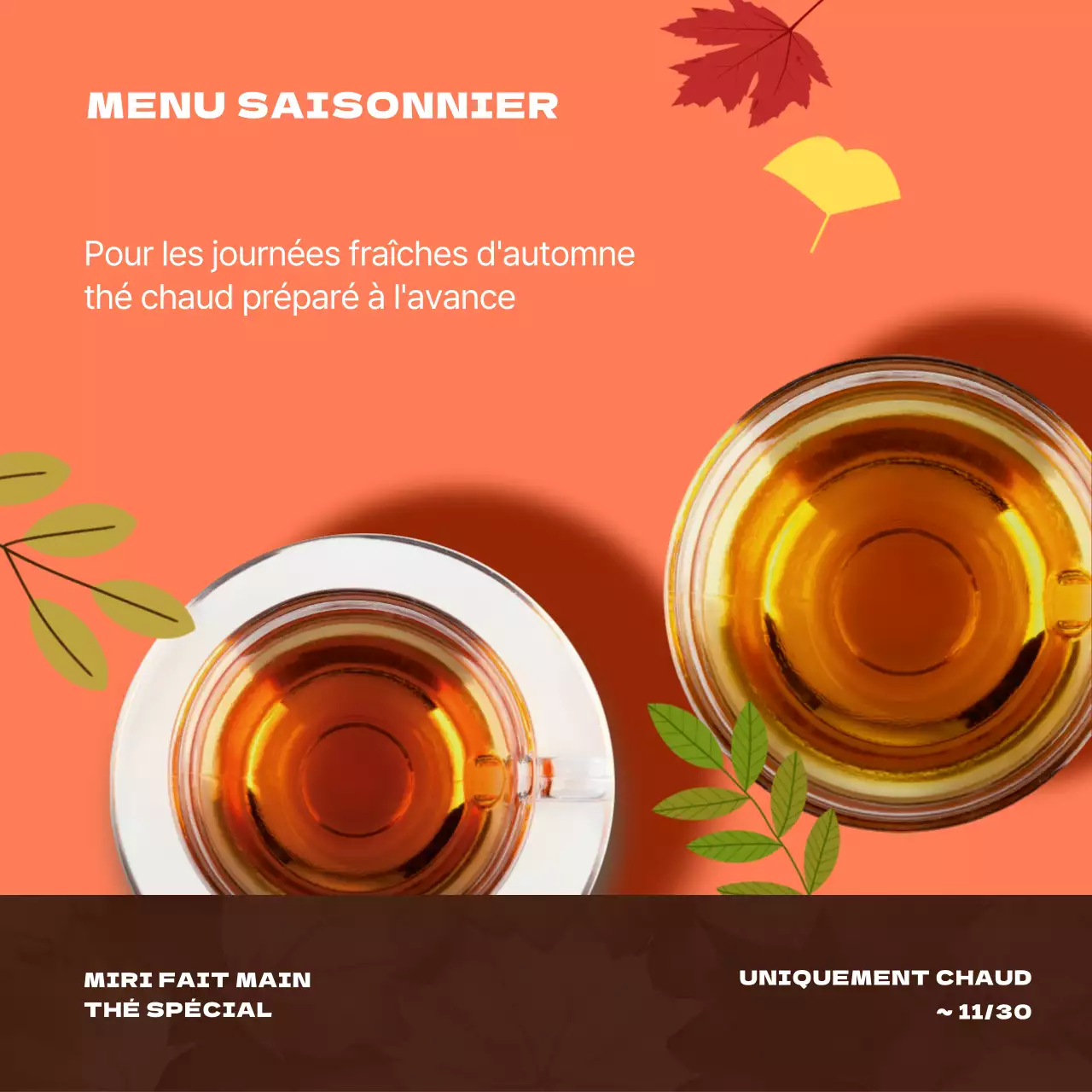 Faites la promotion du nouveau menu d'automne de votre café avec une palette de couleurs modernes et simples, orange et marron.