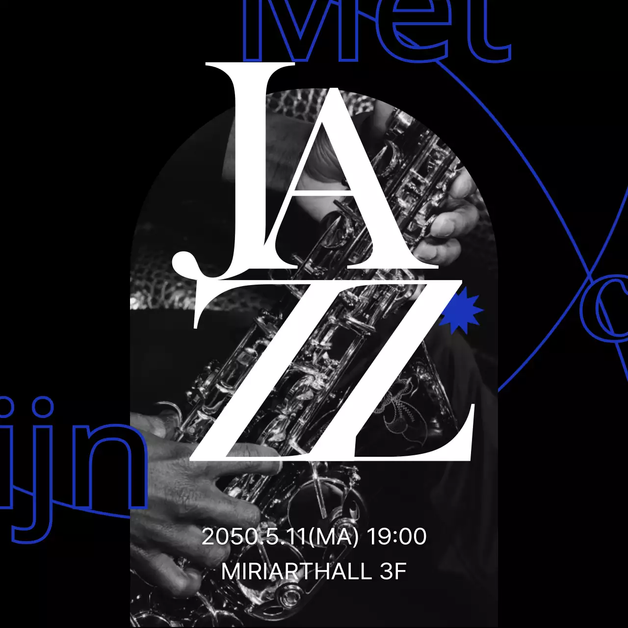 Een eenvoudige advertentie voor een jazzconcert in zwart en blauw