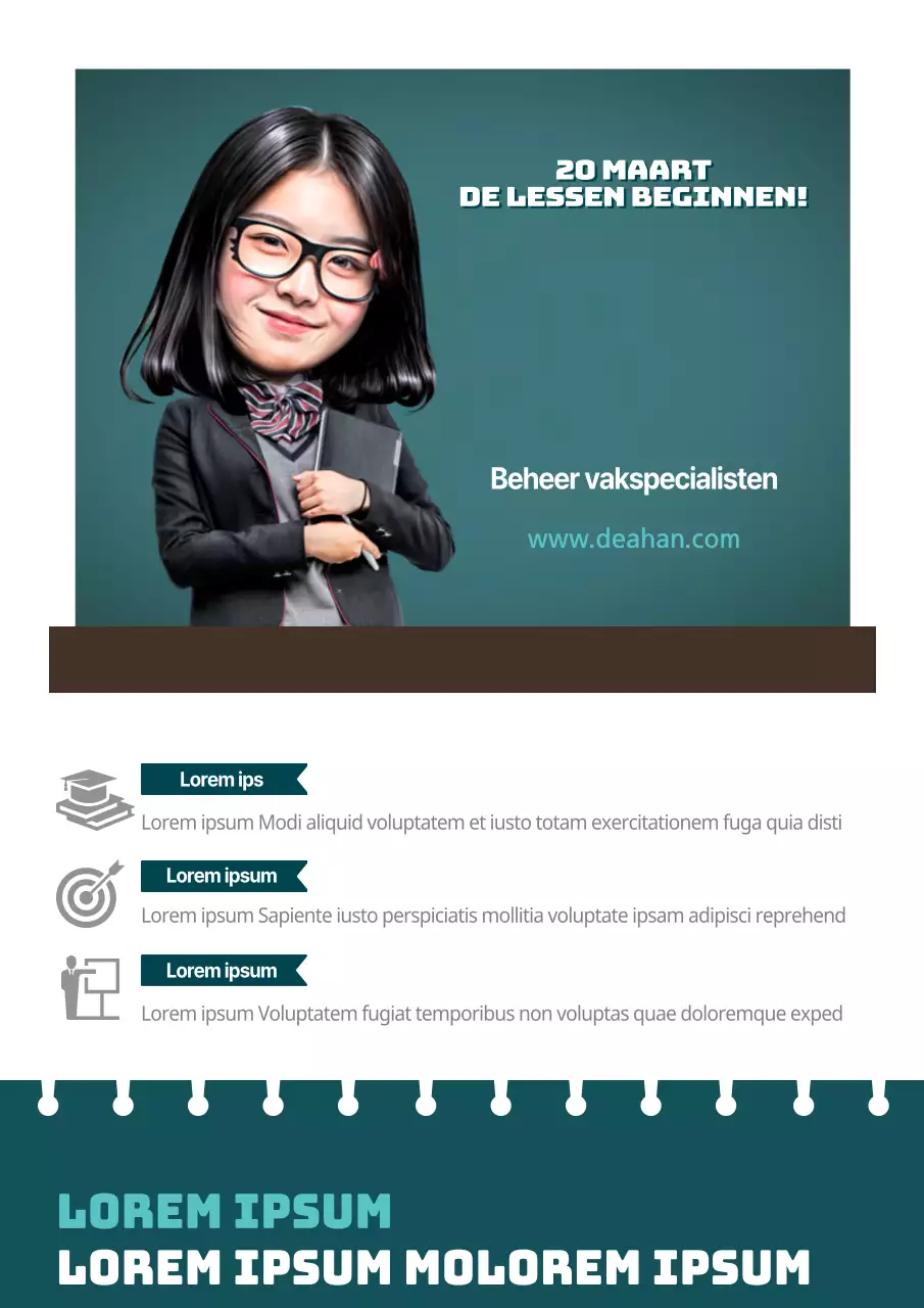 Schoolkenmerken en promoties met een turquoise, lachende studentfoto