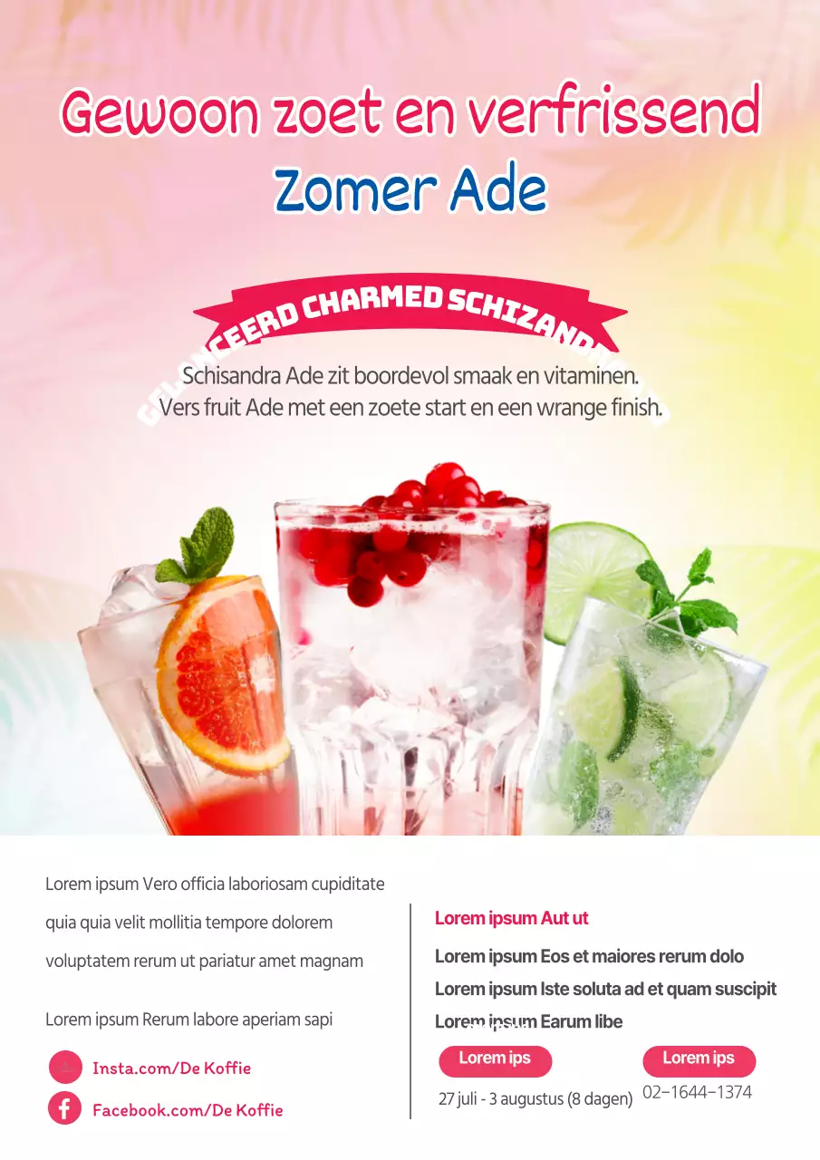 Een flyer om het nieuwe kleurrijke zomerdrinkhulpmenu te promoten.