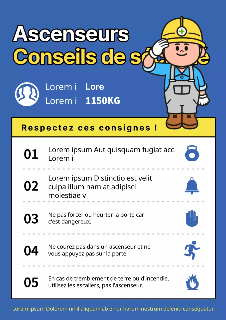 Fiche de conseils de sécurité pour les ascenseurs à caractère bleu