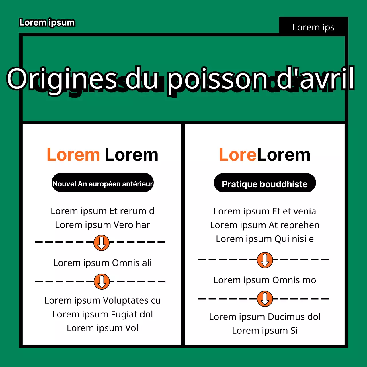 Le poisson d'avril est un mensonge TMI dans une illustration mignonne, amusante, plate et simple de Pinocchio en vert et orange.