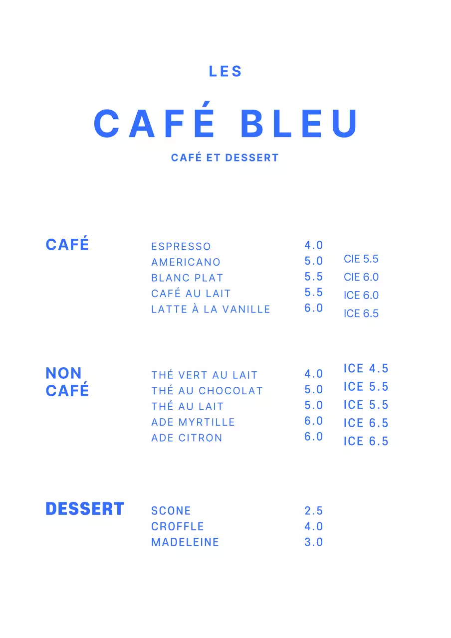 Tableau de menu simple pour café en bleu Support acrylique pour café