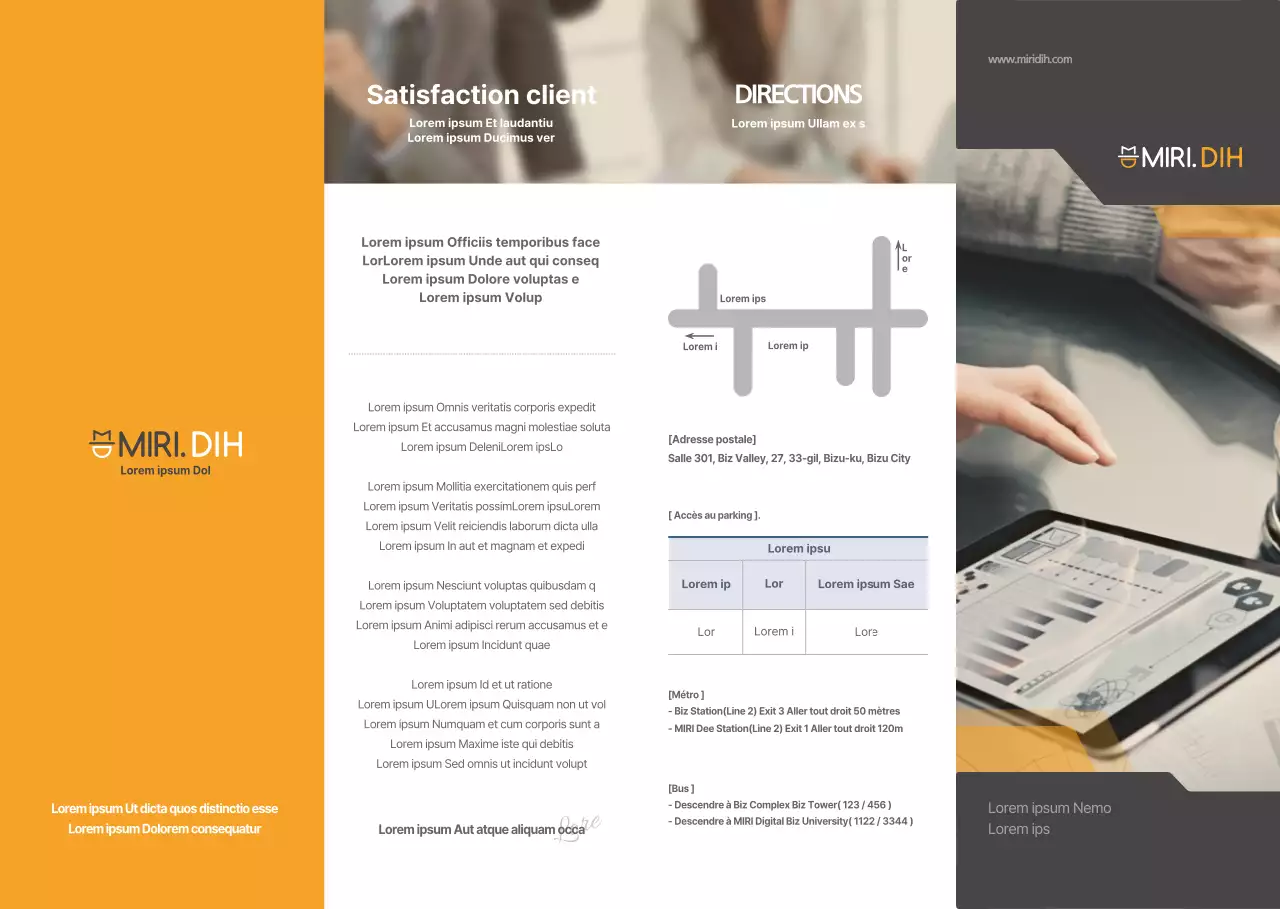 Un concept simple en orange et gris foncé À propos de nous et informations sur Miridi