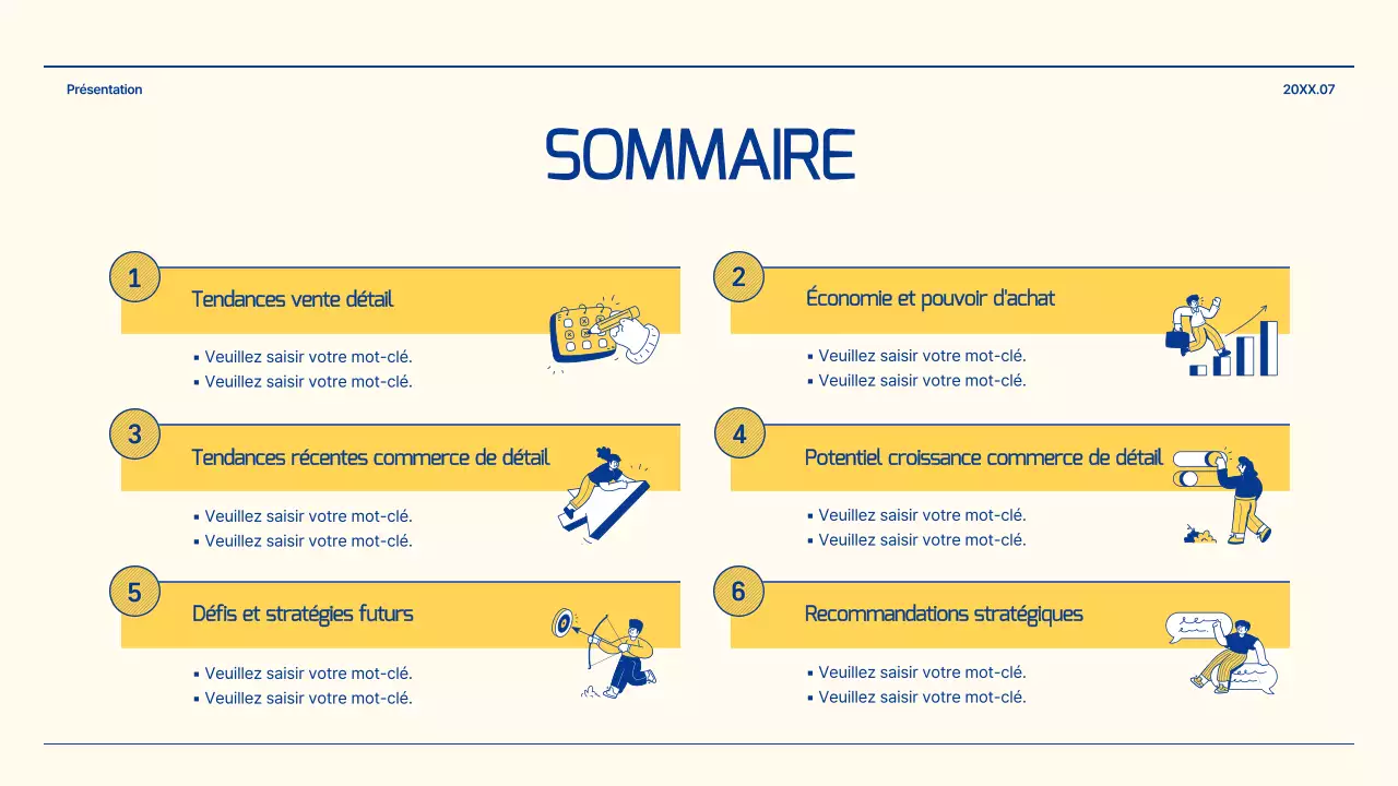 Rapport sur les perspectives du secteur du commerce de détail avec des illustrations bleues et jaunes