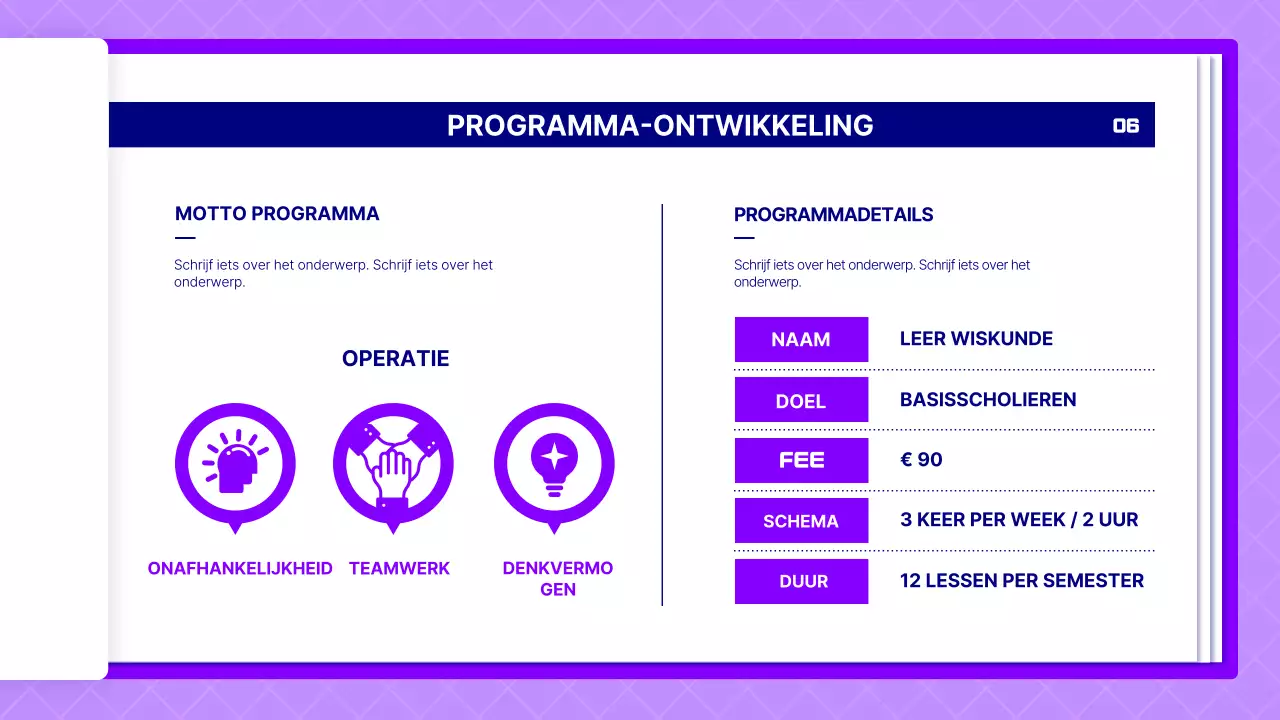 Voorstel voor een wetenschapsles met paarse pagina's