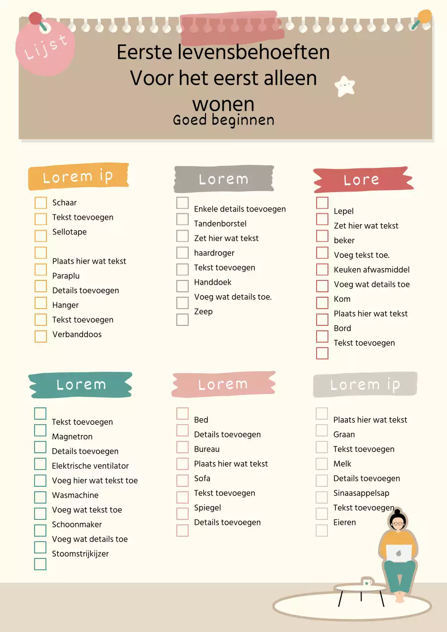 Een kleurrijke, dagboekachtige lijst van benodigdheden voor thuis weg van huis