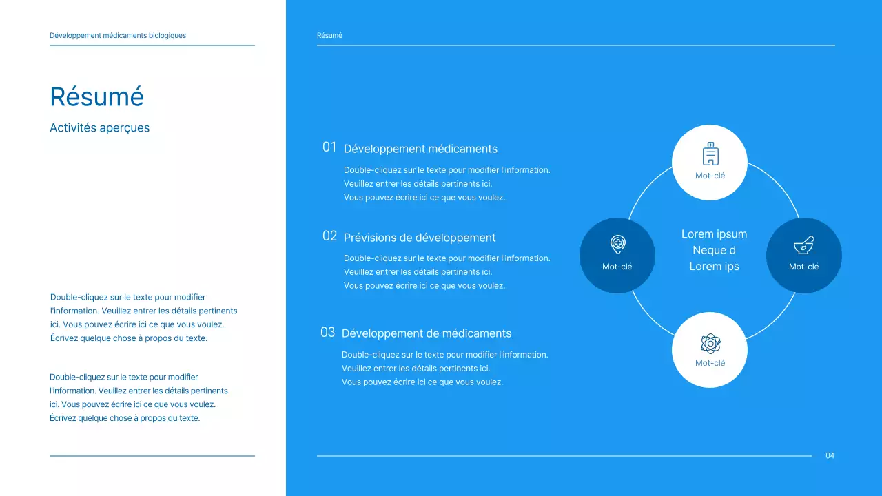 Un plan d'affaires propre, aux tons bleus, pour une entreprise pharmaceutique qui développe un nouveau médicament.
