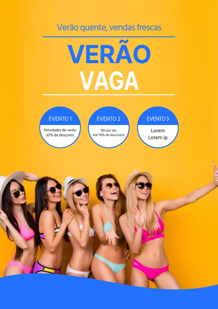 Um simples cartaz promocional amarelo e azul para um evento de saldos de verão