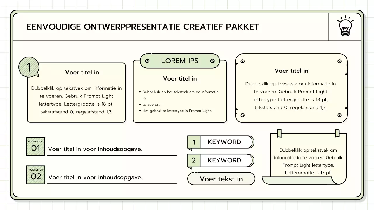 Een basispresentatieset in geel, limoengroen en blauw
