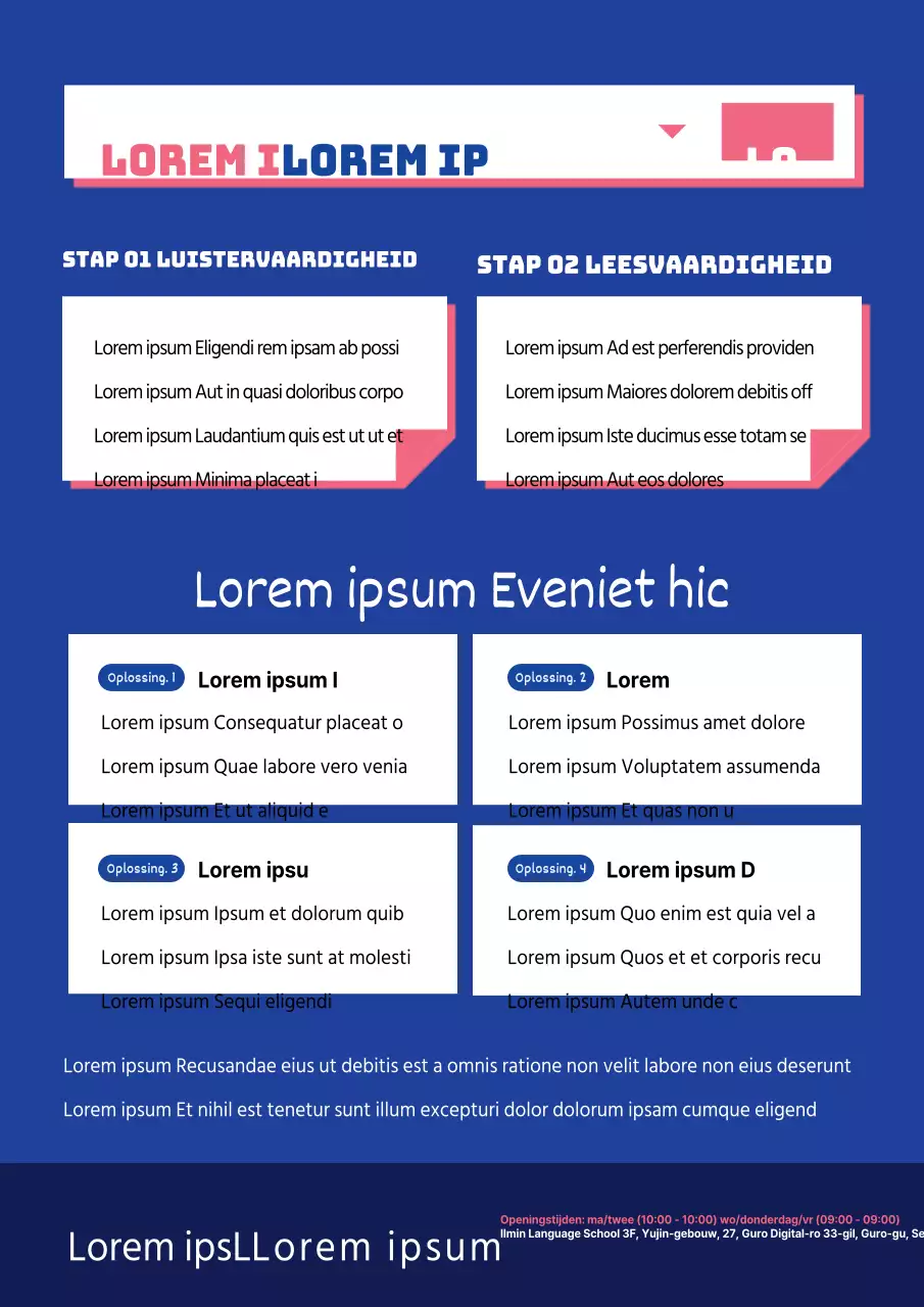 Een strak blauw en roze kleurenschema met een Engelse schoolbeschrijving