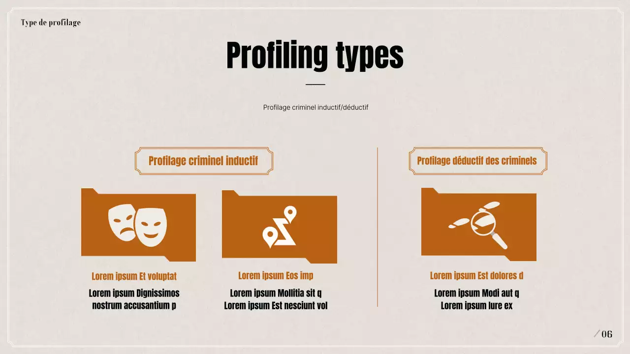 Présentation sur le profilage psychologique criminel en noir et beige