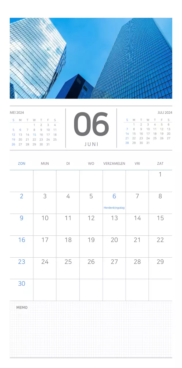 Eenvoudige zakelijke conceptmuurkalender in blauw en wit