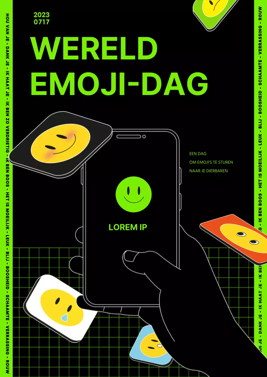 Zwart limoengroen retro icoon Wereld Emoji Dag