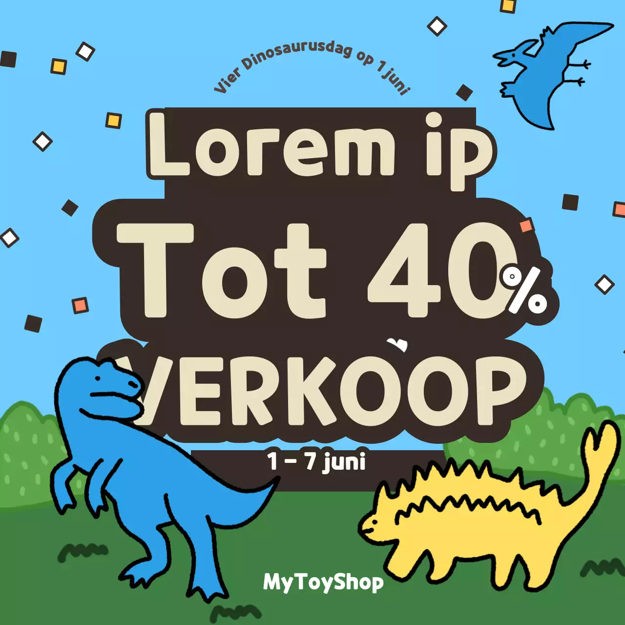 Dinosaurusdag speelgoedverkoop met lichtblauwe kleurrijke en schattige dinosaurusillustraties