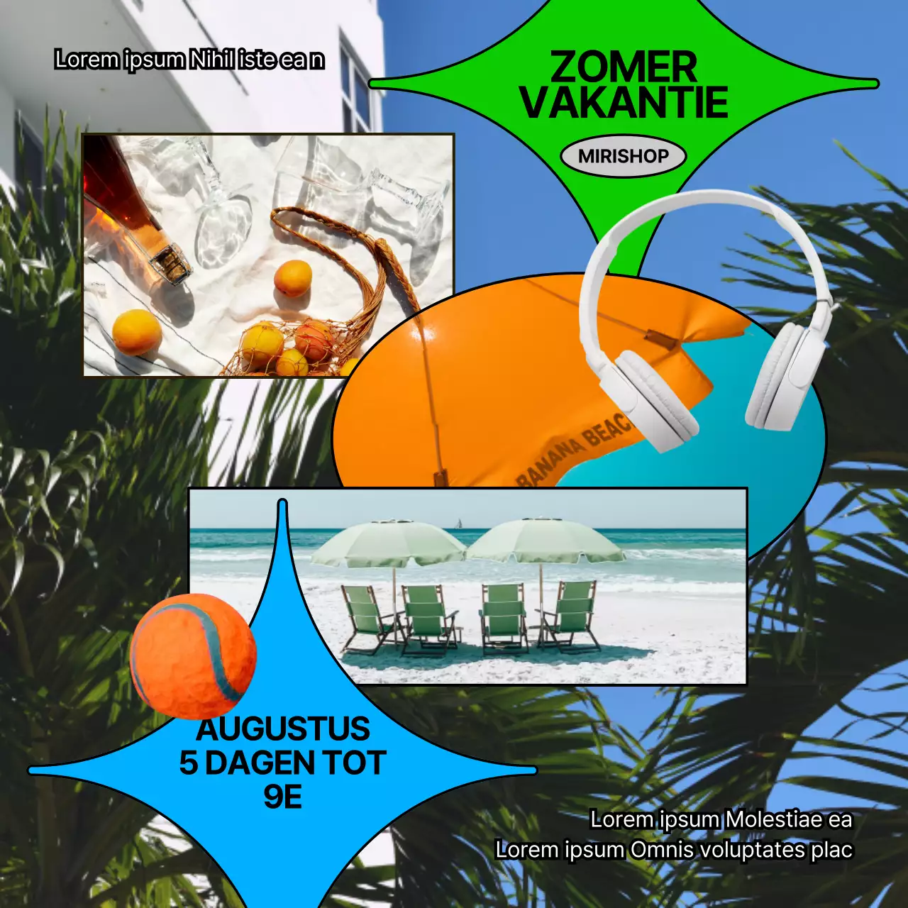 Trendy zomervakantie aankondigingen in chartreuse en blauw