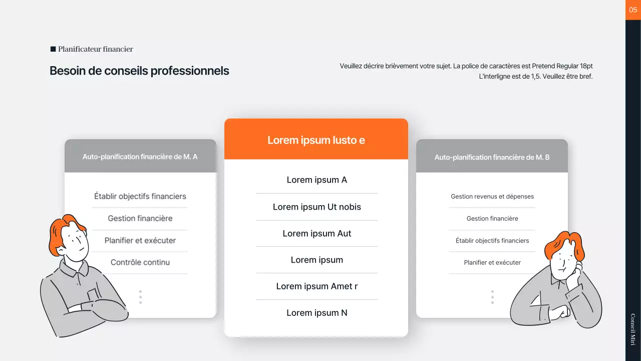 Conseil financier en orange et gris