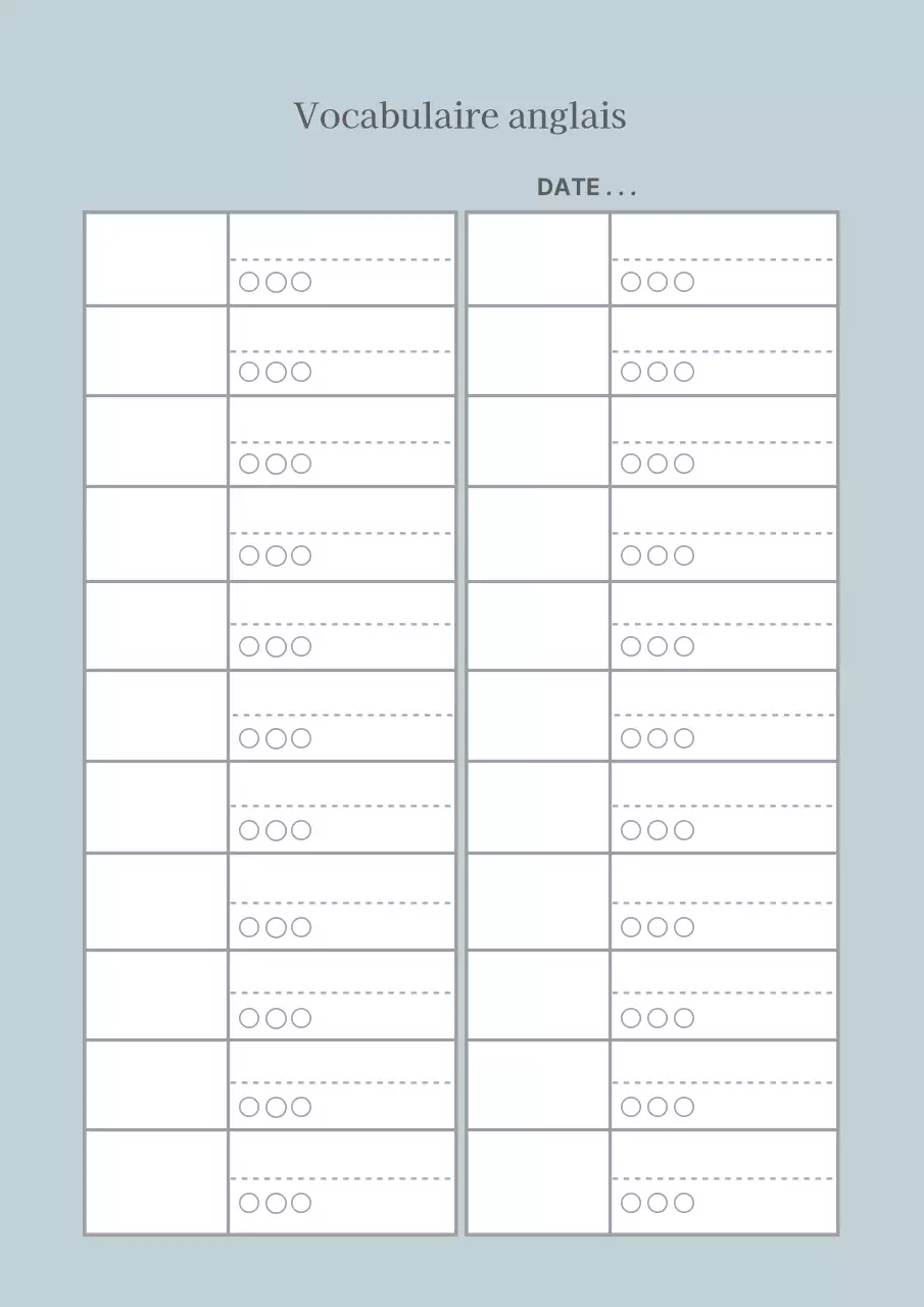 Affiche de vocabulaire anglais simple bleu clair