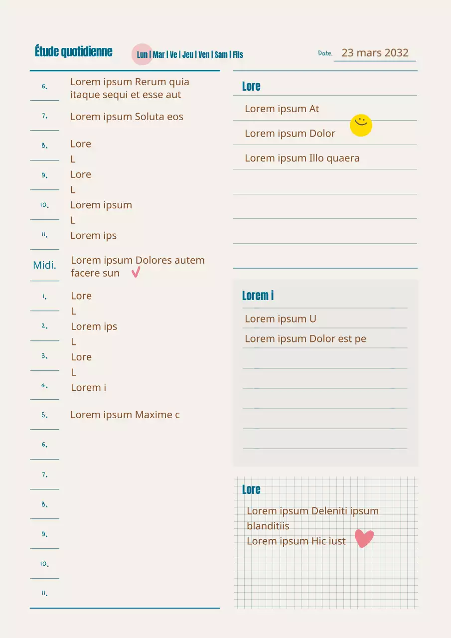 Formatage du document de plan d'étude quotidien en sarcelle et marron