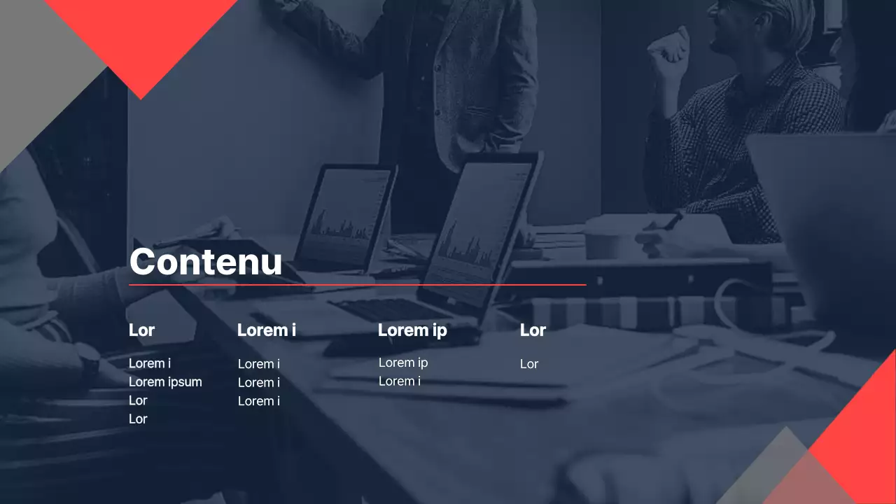 Le briefing d'une entreprise de construction pour un investissement avec un schéma de couleurs nettes de marine et de rouge.